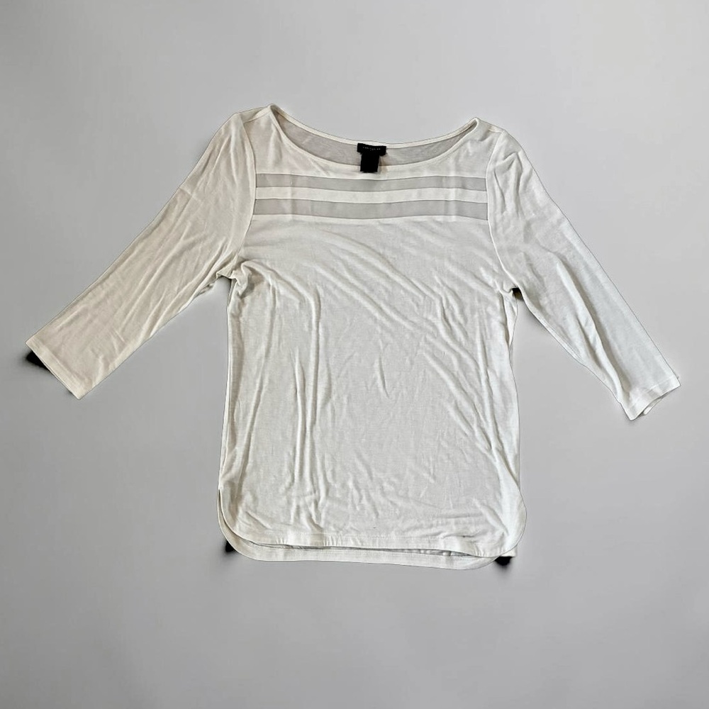 Ann Taylor White ¾ Sleeve Top with Sheer Stripes
